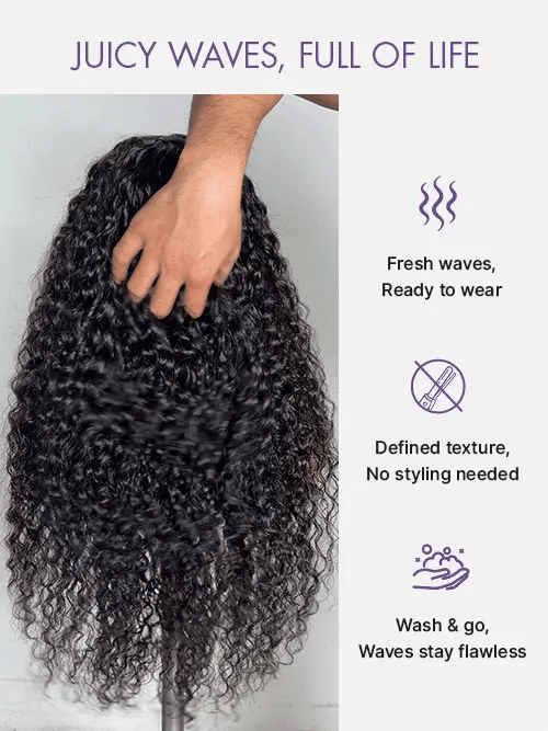 PreMax 180% Density Water Wave Glueless Flexi-Fit Drawstring 13x4 Frontal Lace Fluffy Curly Pre-Cut Lace Wig, 360-Like Design Allows Ponytail & Updo