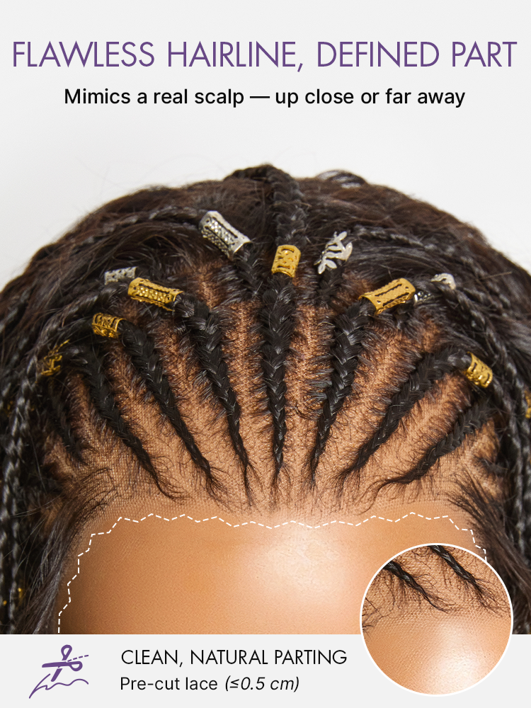 Natural Black Boho Cornrow Braids 13x4 Frontal Lace Deep Curly  Long Wig Pre-cut Lace