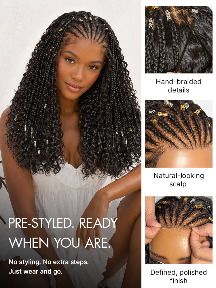Natural Black Boho Cornrow Braids 13x4 Frontal Lace Deep Curly  Long Wig Pre-cut Lace