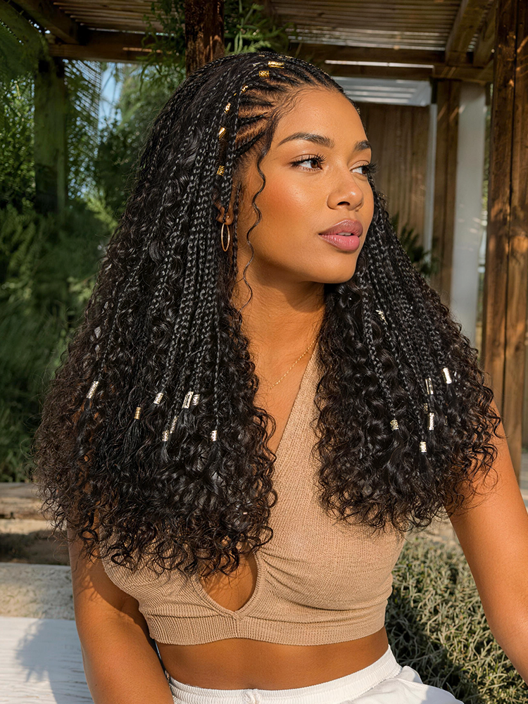 Natural Black Boho Cornrow Braids 13x4 Frontal Lace Deep Curly  Long Wig Pre-cut Lace