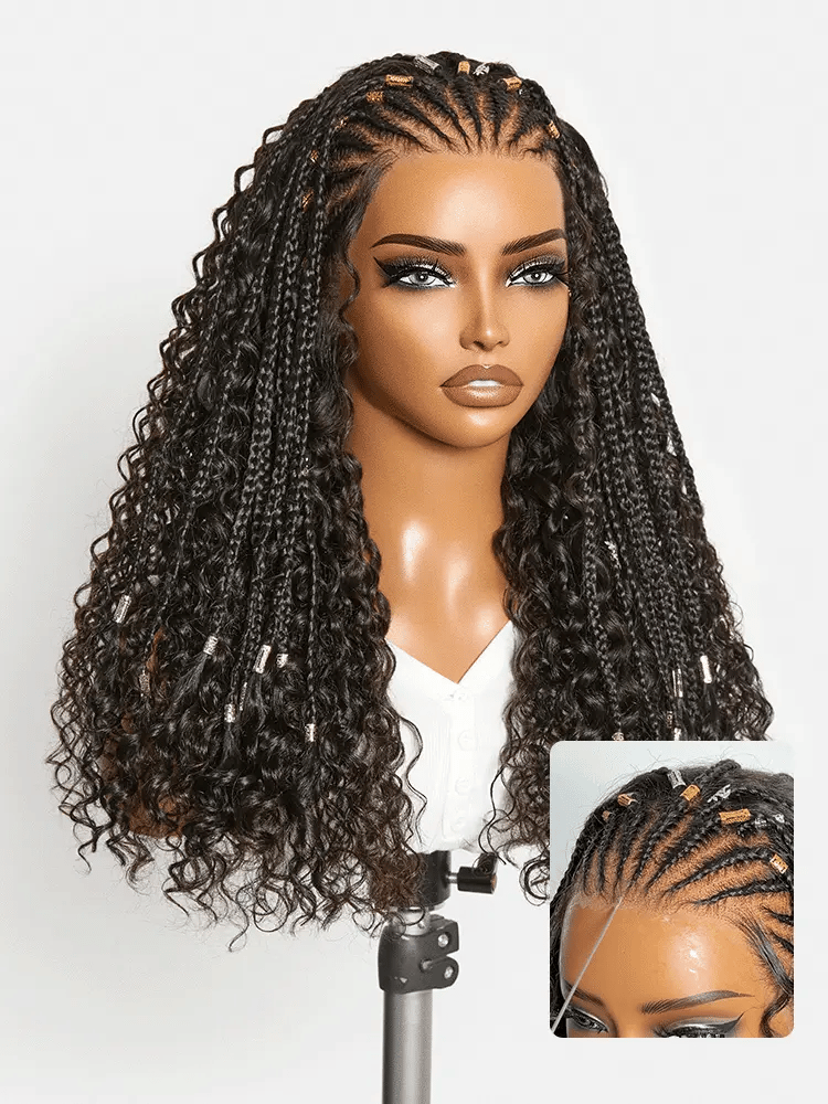 Natural Black Boho Cornrow Braids 13x4 Frontal Lace Deep Curly  Long Wig Pre-cut Lace