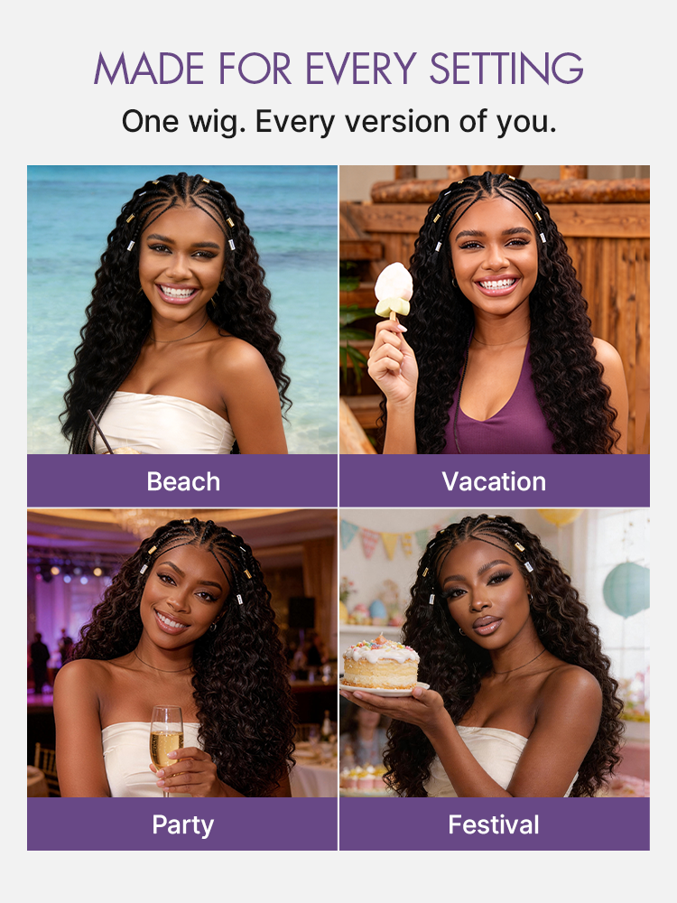 Boho Fulani Braids Water Wave 13x4 Frontal Lace Wig Pre-cut Lace Human Hair