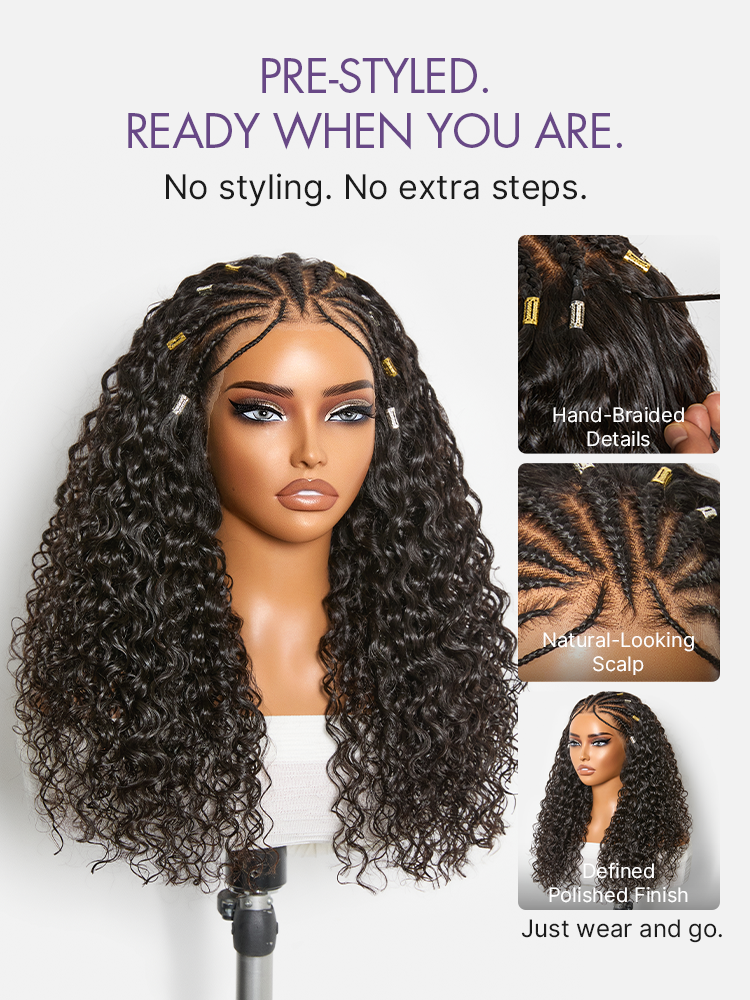 Boho Fulani Braids Water Wave 13x4 Frontal Lace Wig Pre-cut Lace Human Hair