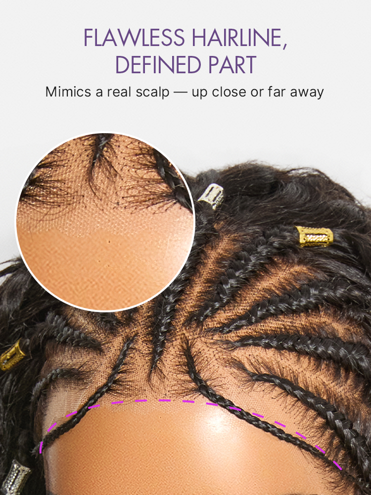 Boho Fulani Braids Water Wave 13x4 Frontal Lace Wig Pre-cut Lace Human Hair