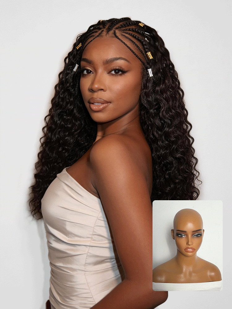 Boho Fulani Braids Water Wave 13x4 Frontal Lace Wig Pre-cut Lace Human Hair