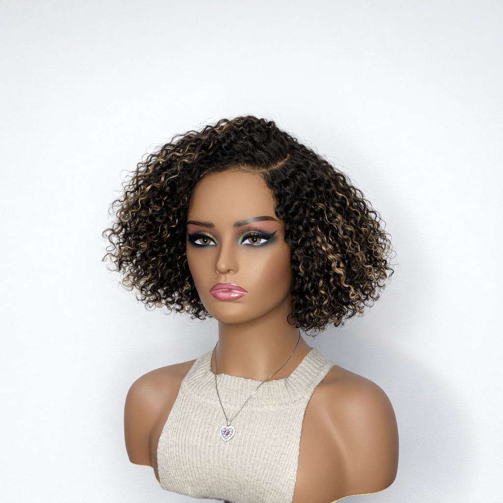 Outlet | Honey Blonde Highlight Short Cut Curly Minimalist Lace Wig