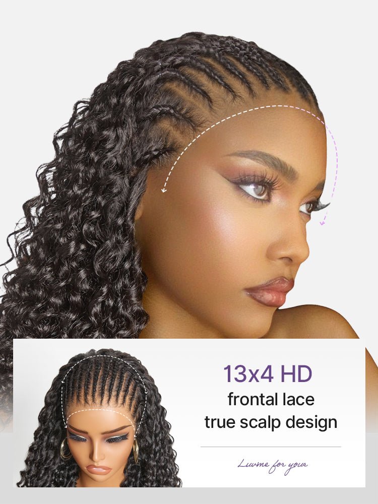 Readitress™ Knotless Fulani Braids Deep Wave Glueless Ear-to-ear 13x4 Frontal HD Lace Wig Human Hair