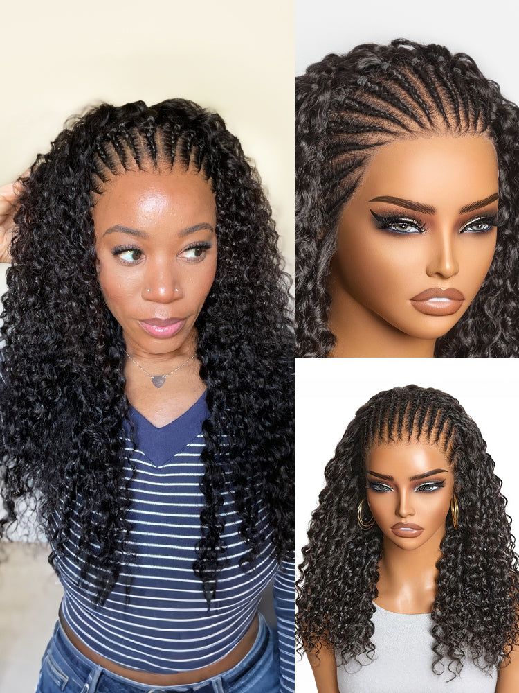 Readitress™ Knotless Fulani Braids Deep Wave Glueless Ear-to-ear 13x4 Frontal HD Lace Wig Human Hair