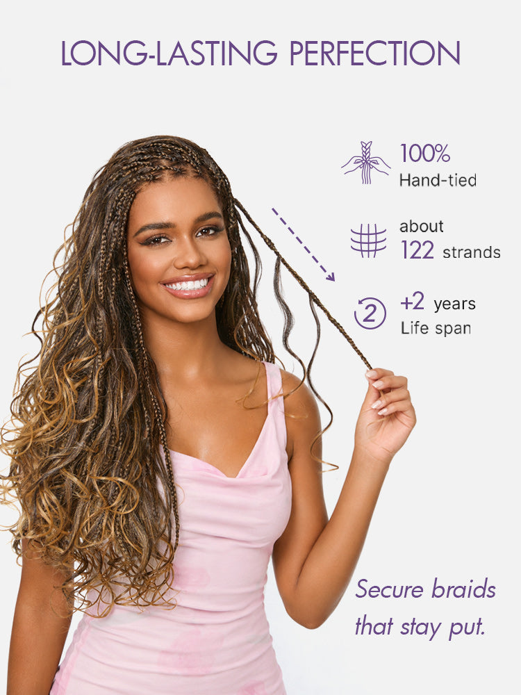 New Customers Only | OwnScalp™ Ombre Honey Blonde French Curl Knotless Boho Braids HD Full Lace Long Wig Flexi Fit Invisi Drawstring Cap - US Only