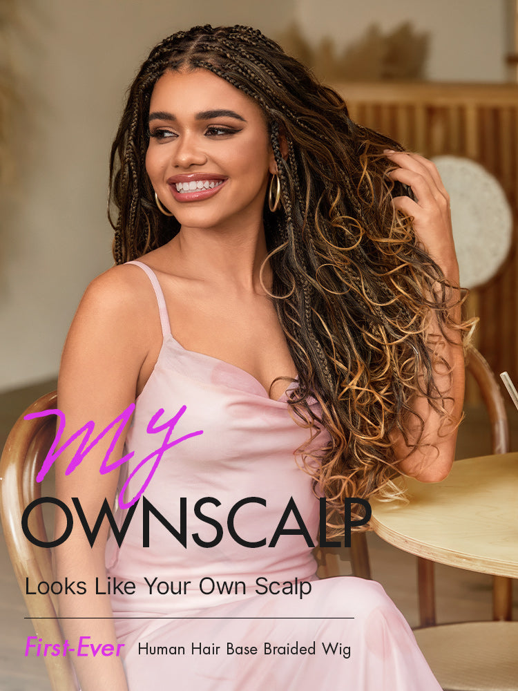 New Customers Only | OwnScalp™ Ombre Honey Blonde French Curl Knotless Boho Braids HD Full Lace Long Wig Flexi Fit Invisi Drawstring Cap - US Only