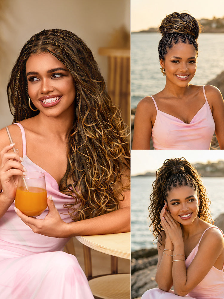 New Customers Only | OwnScalp™ Ombre Honey Blonde French Curl Knotless Boho Braids HD Full Lace Long Wig Flexi Fit Invisi Drawstring Cap - US Only