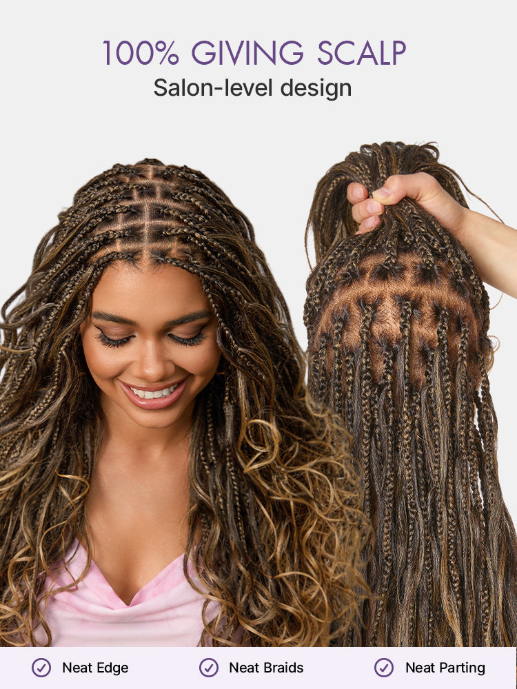 New Customers Only | OwnScalp™ Ombre Honey Blonde French Curl Knotless Boho Braids HD Full Lace Long Wig Flexi Fit Invisi Drawstring Cap - US Only