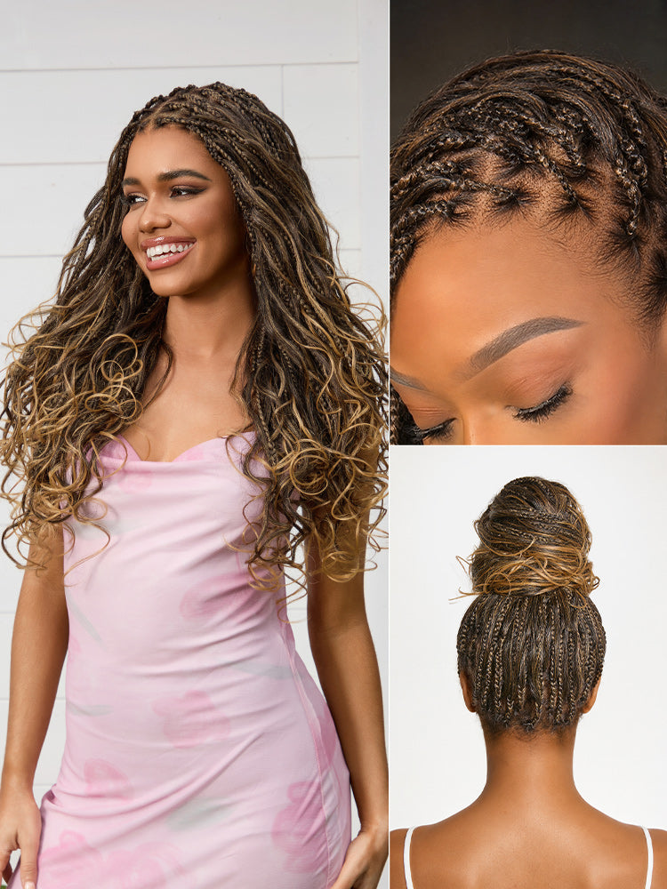 New Customers Only | OwnScalp™ Ombre Honey Blonde French Curl Knotless Boho Braids HD Full Lace Long Wig Flexi Fit Invisi Drawstring Cap - US Only
