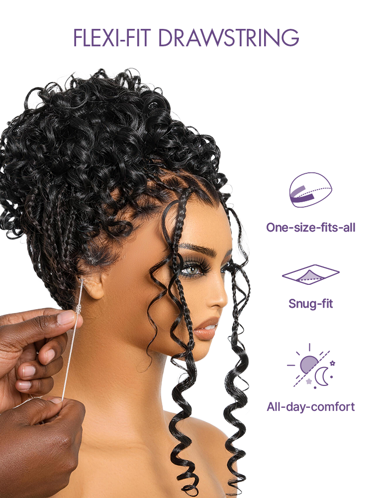 OwnScalp™ HD Full Lace Knotless Boho Curls Braided Bob Pre-Cut Lace Wig Flexi Fit Invisi Drawstring Cap