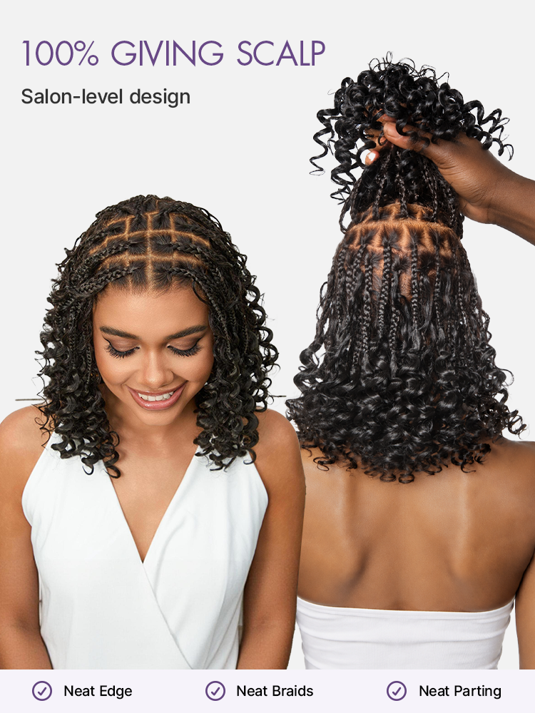 OwnScalp™ HD Full Lace Knotless Boho Curls Braided Bob Pre-Cut Lace Wig Flexi Fit Invisi Drawstring Cap