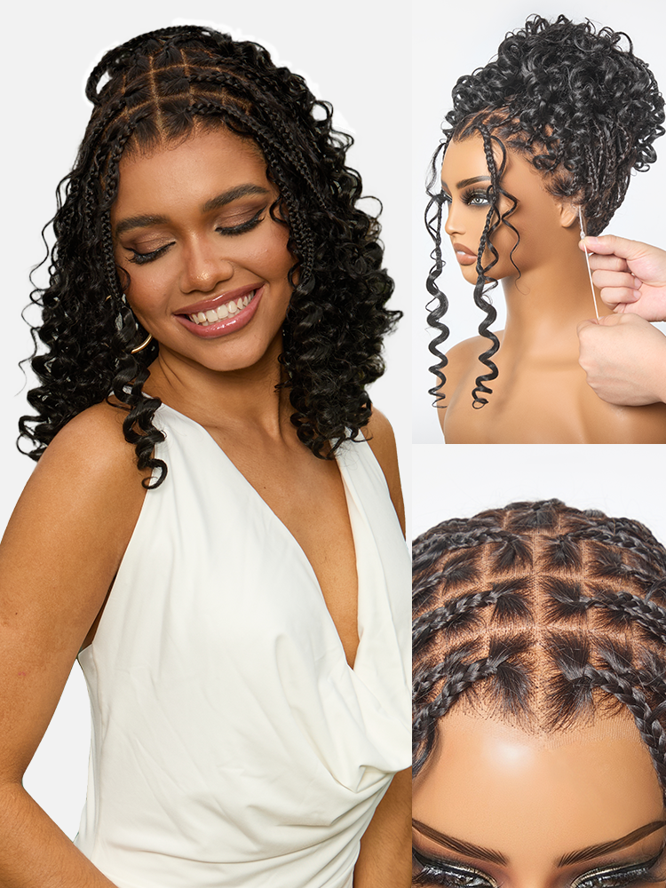 OwnScalp™ HD Full Lace Knotless Boho Curls Braided Bob Pre-Cut Lace Wig Flexi Fit Invisi Drawstring Cap