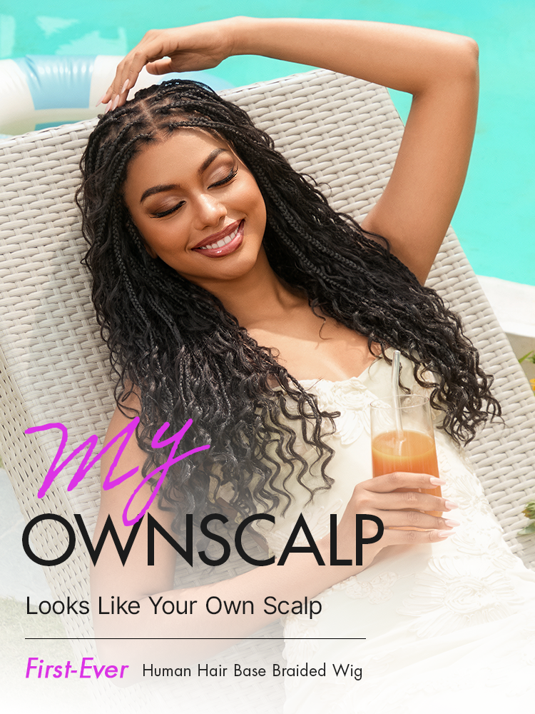 OwnScalp™  Light Weight Flexi-Fit Invisi Drawstring Cap Full Lace Knotless Boho Curls Braided Long Wig Super Natural Scalp Pre-Cut Lace