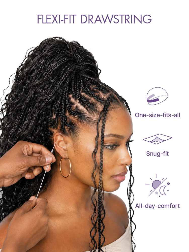 OwnScalp™  Light Weight Flexi-Fit Invisi Drawstring Cap Full Lace Knotless Boho Curls Braided Long Wig Super Natural Scalp Pre-Cut Lace
