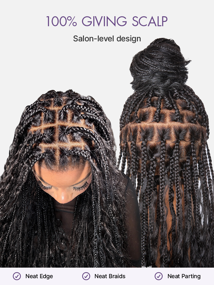 OwnScalp™  Light Weight Flexi-Fit Invisi Drawstring Cap Full Lace Knotless Boho Curls Braided Long Wig Super Natural Scalp Pre-Cut Lace
