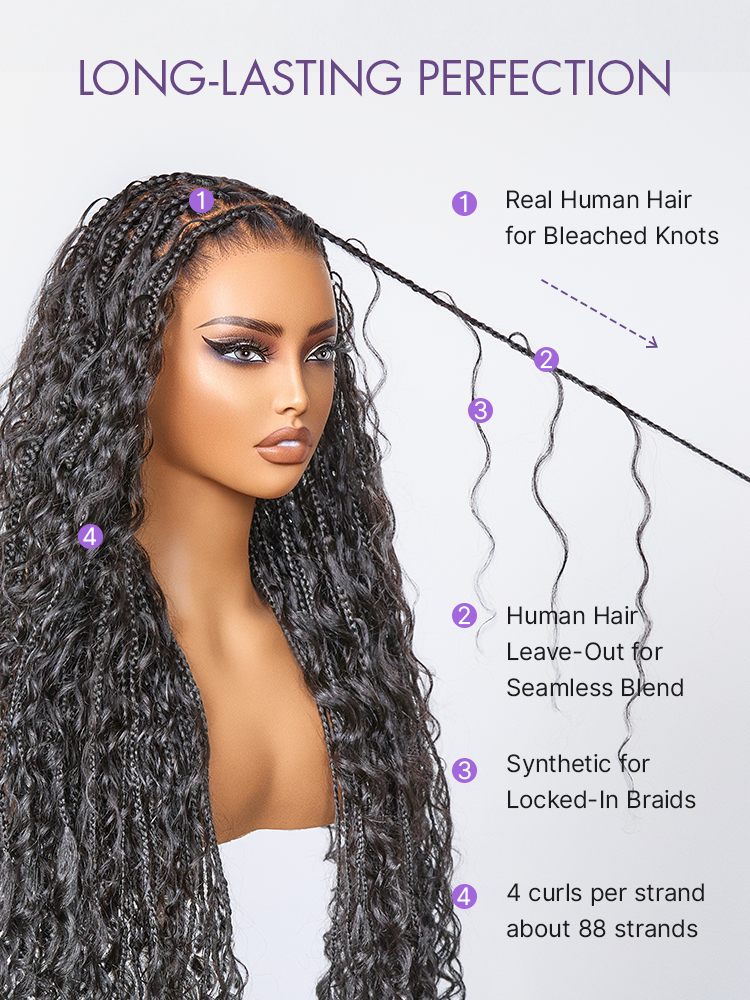 OwnScalp™  Light Weight Flexi-Fit Invisi Drawstring Cap Full Lace Knotless Boho Curls Braided Long Wig Super Natural Scalp Pre-Cut Lace