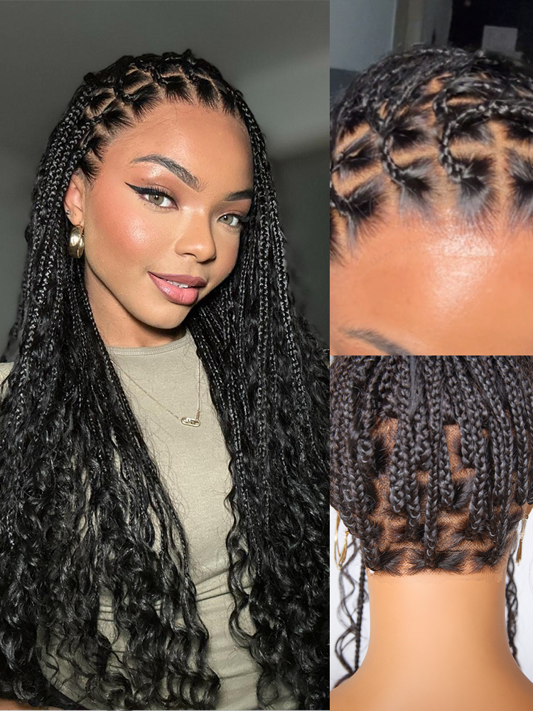 OwnScalp™  Light Weight Flexi-Fit Invisi Drawstring Cap Full Lace Knotless Boho Curls Braided Long Wig Super Natural Scalp Pre-Cut Lace