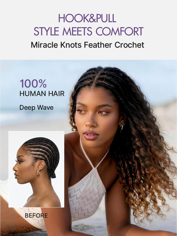 Readitress™ Pre-Separated Feather Crochet Human Hair for Miracle Knots Boho Braids | Ombre Brown Deep Wave Protective Style (Free Gifts Included)