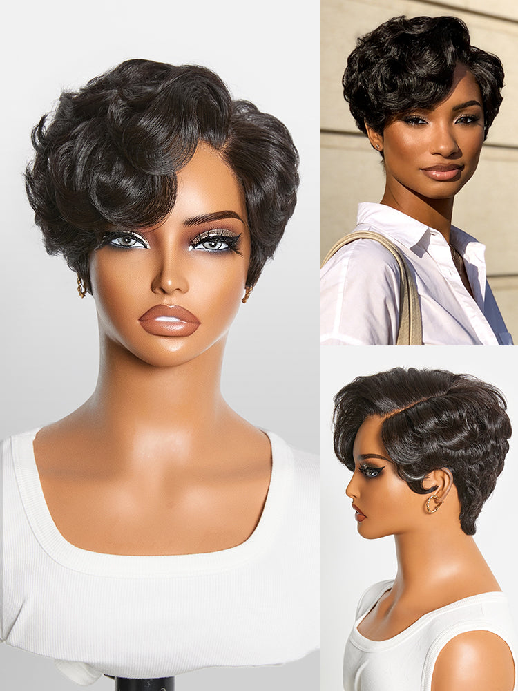 Beginner Friendly Natural Black Lightweight Roll Curl Glueless Minimalist HD Lace Short Pixie Cut Wig Pre Cut Lace