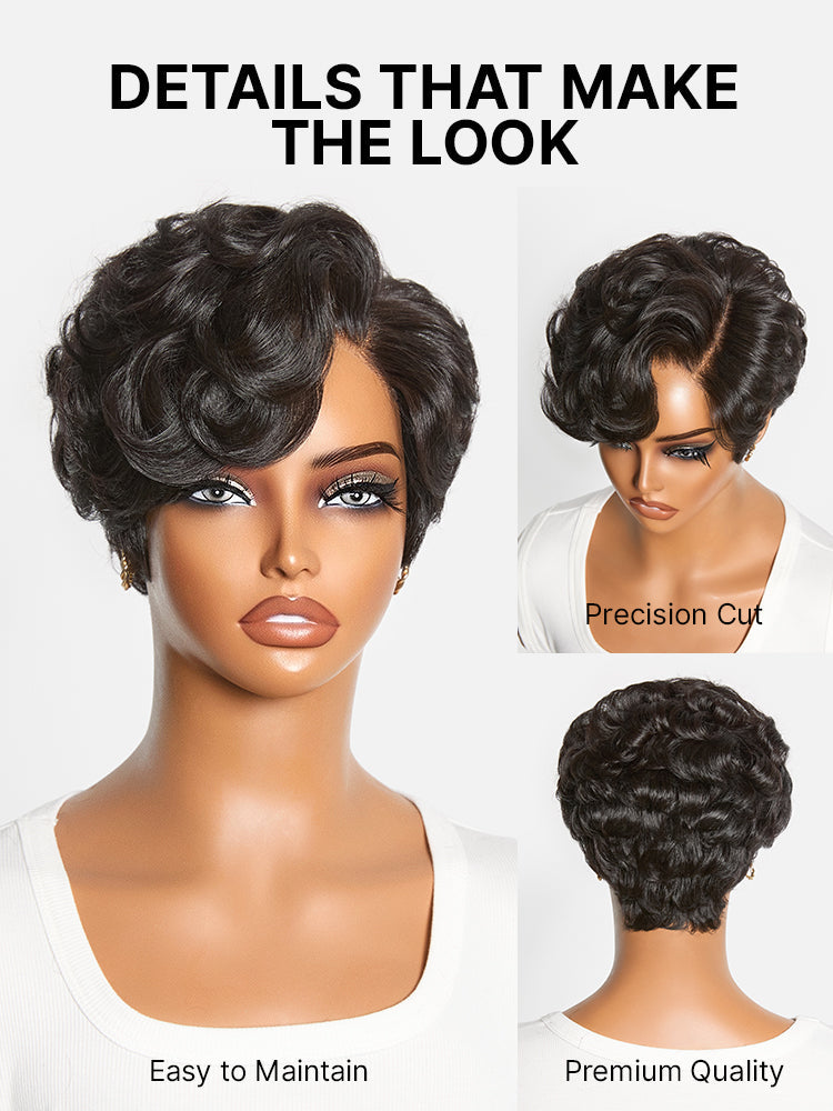 Beginner Friendly Natural Black Lightweight Roll Curl Glueless Minimalist HD Lace Short Pixie Cut Wig Pre Cut Lace