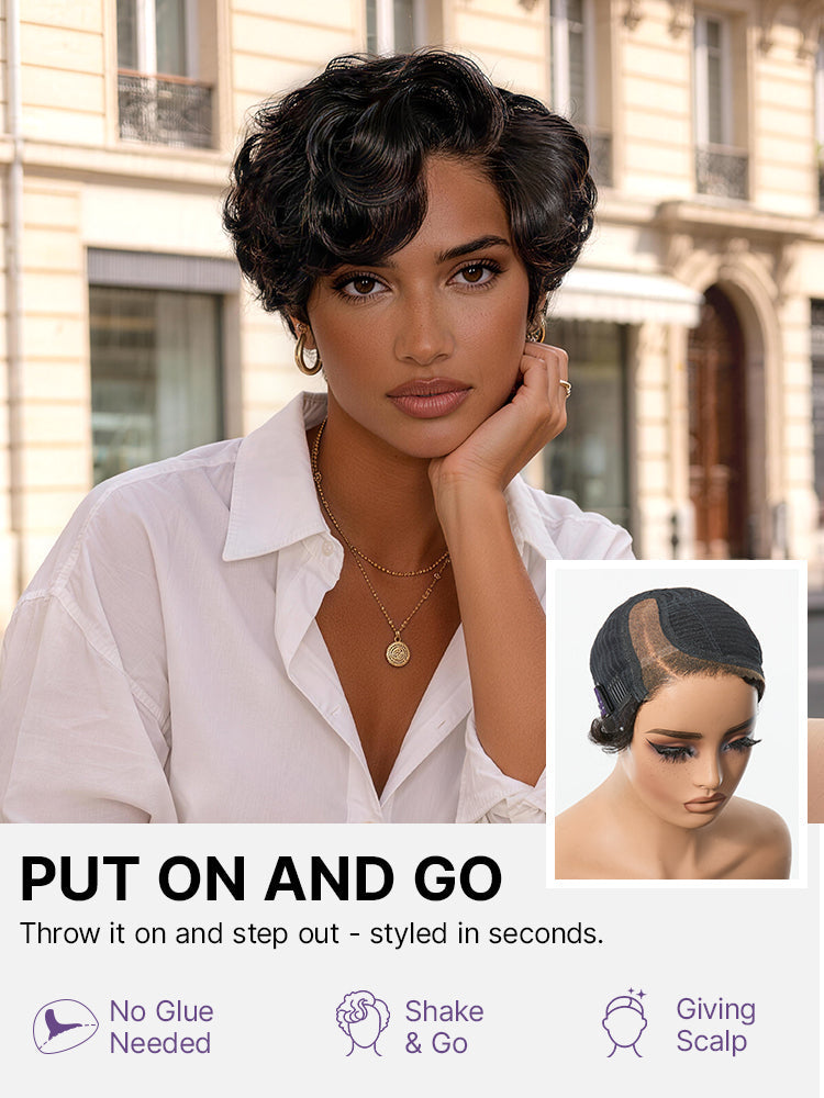 Beginner Friendly Natural Black Lightweight Roll Curl Glueless Minimalist HD Lace Short Pixie Cut Wig Pre Cut Lace