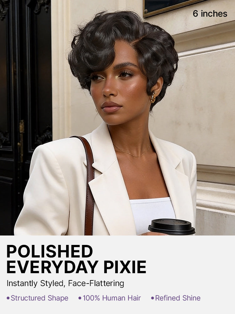 Beginner Friendly Natural Black Lightweight Roll Curl Glueless Minimalist HD Lace Short Pixie Cut Wig Pre Cut Lace