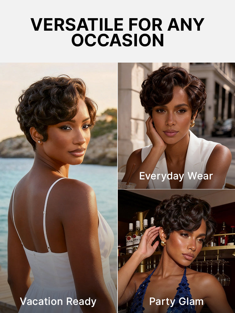 Beginner Friendly Natural Black Lightweight Roll Curl Glueless Minimalist HD Lace Short Pixie Cut Wig Pre Cut Lace
