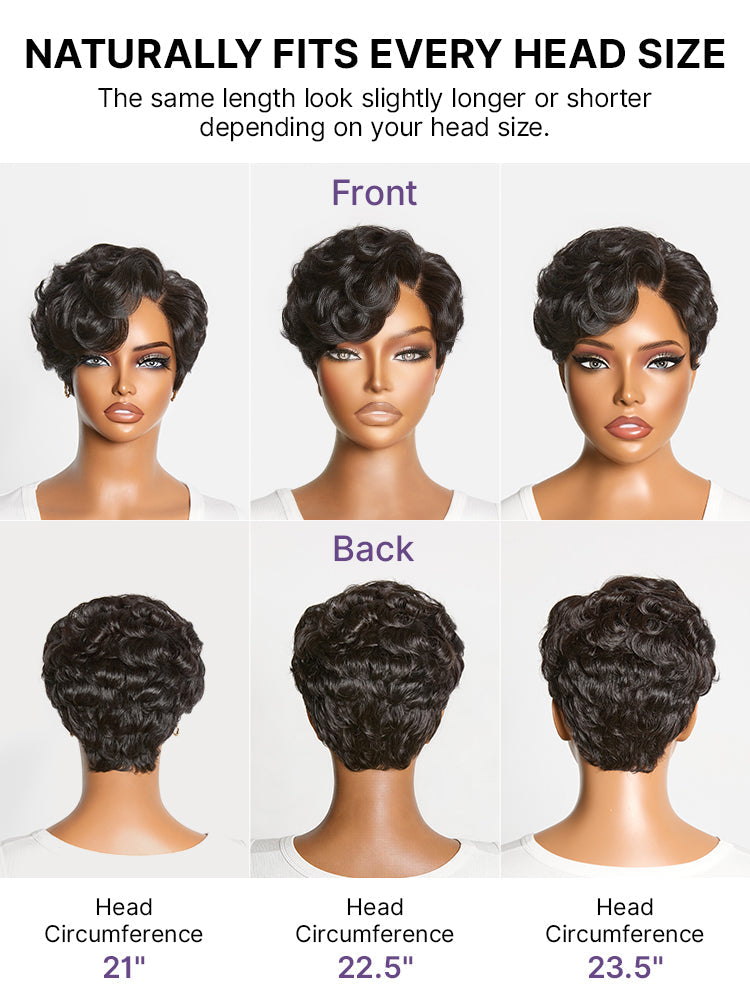 New Customers Only | Beginner Friendly Natural Black Lightweight Roll Curl Glueless Minimalist HD Lace Short Pixie Cut Wig Pre Cut Lace