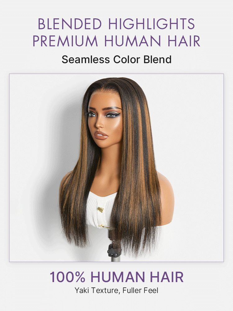 Luvme All-Day Comfort Black with Honey Blonde Highlights Yaki Straight 7x6 Closure HD Lace Glueless Wig Pre-Cut Lace