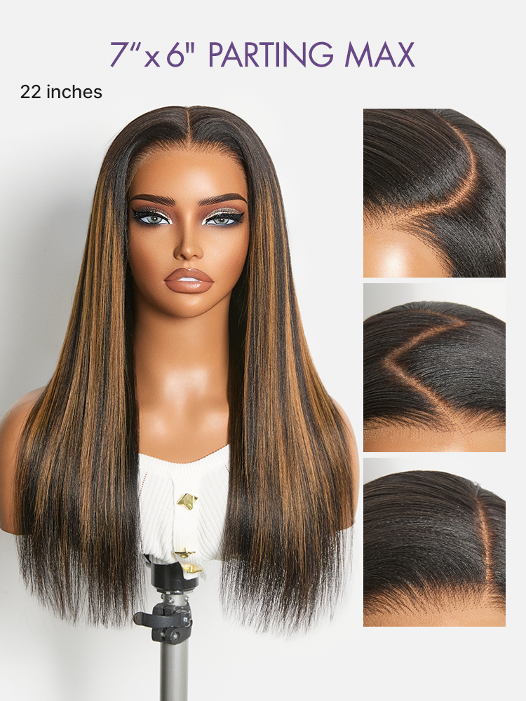 Luvme All-Day Comfort Black with Honey Blonde Highlights Yaki Straight 7x6 Closure HD Lace Glueless Wig Pre-Cut Lace
