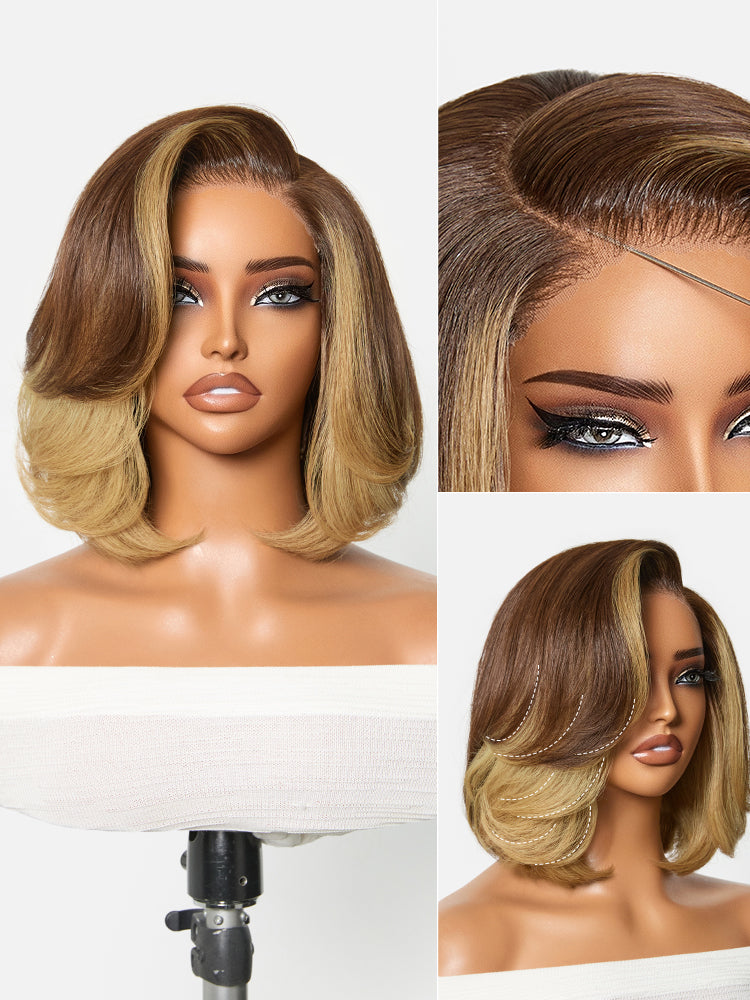 New Customers Only | Honey Blonde Face-Framing Highlights Blow Out Layered Cut Glueless 5x5 Closure Lace Bob Wig Pre-cut Lace