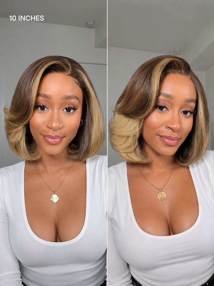 New Customers Only | Honey Blonde Face-Framing Highlights Blow Out Layered Cut Glueless 5x5 Closure Lace Bob Wig Pre-cut Lace