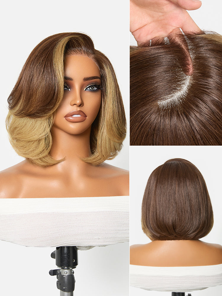 New Customers Only | Honey Blonde Face-Framing Highlights Blow Out Layered Cut Glueless 5x5 Closure Lace Bob Wig Pre-cut Lace