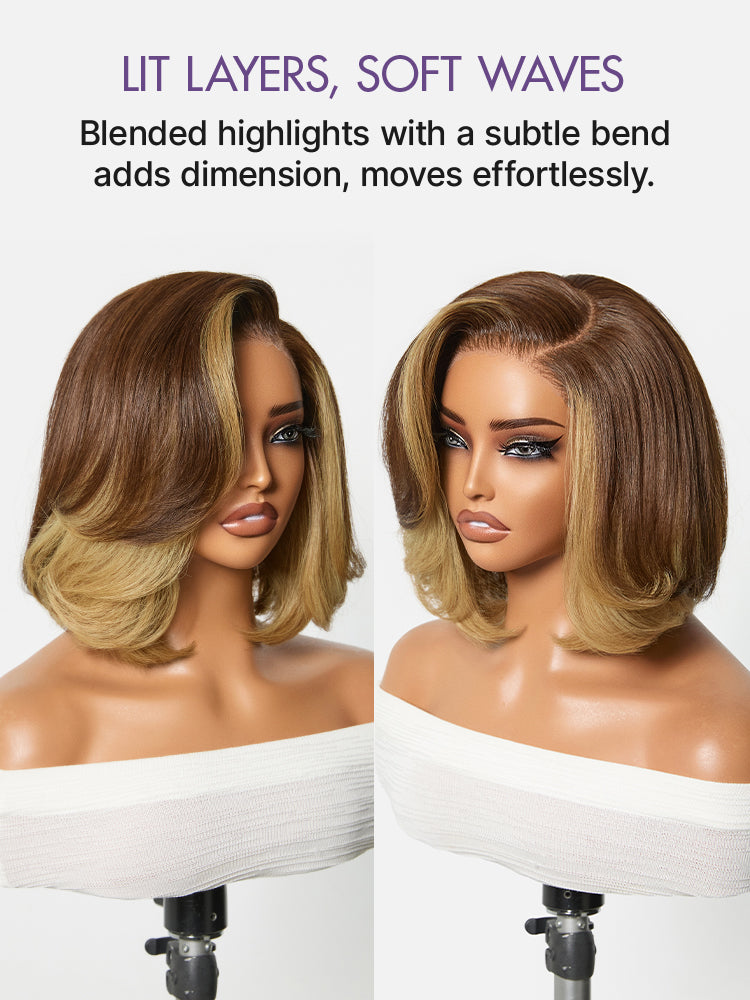 New Customers Only | Honey Blonde Face-Framing Highlights Blow Out Layered Cut Glueless 5x5 Closure Lace Bob Wig Pre-cut Lace