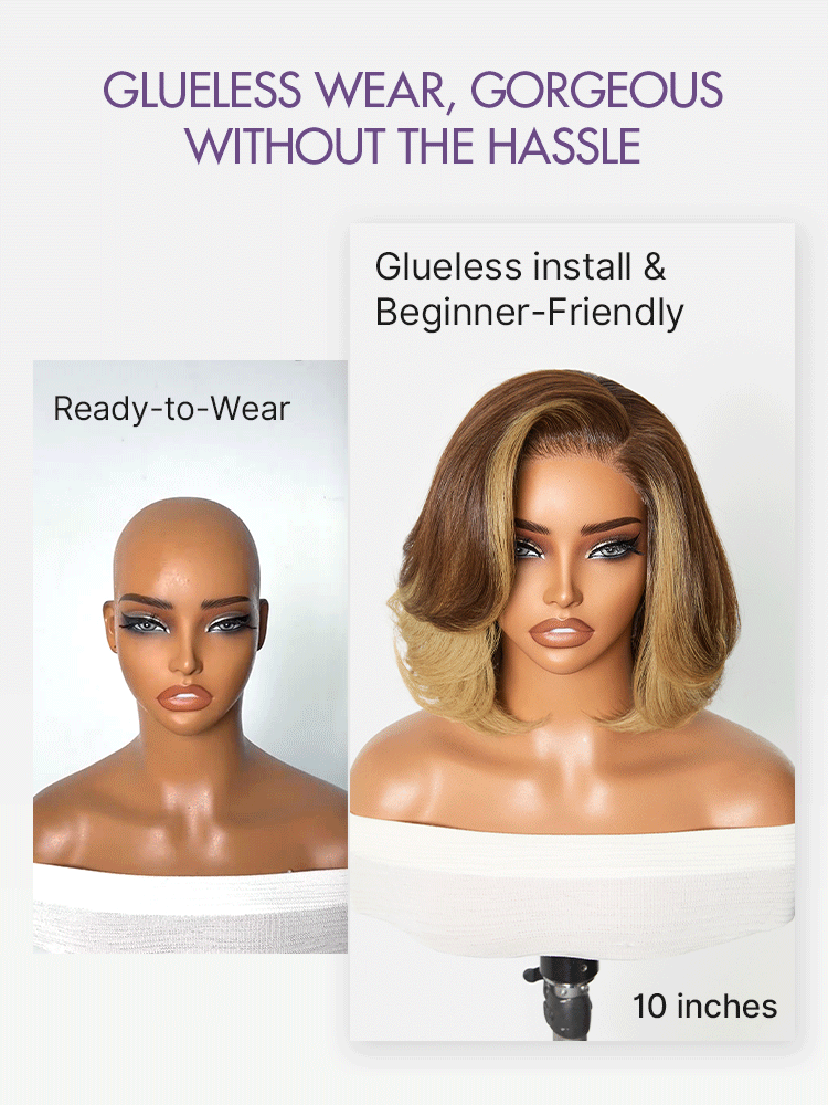 New Customers Only | Honey Blonde Face-Framing Highlights Blow Out Layered Cut Glueless 5x5 Closure Lace Bob Wig Pre-cut Lace