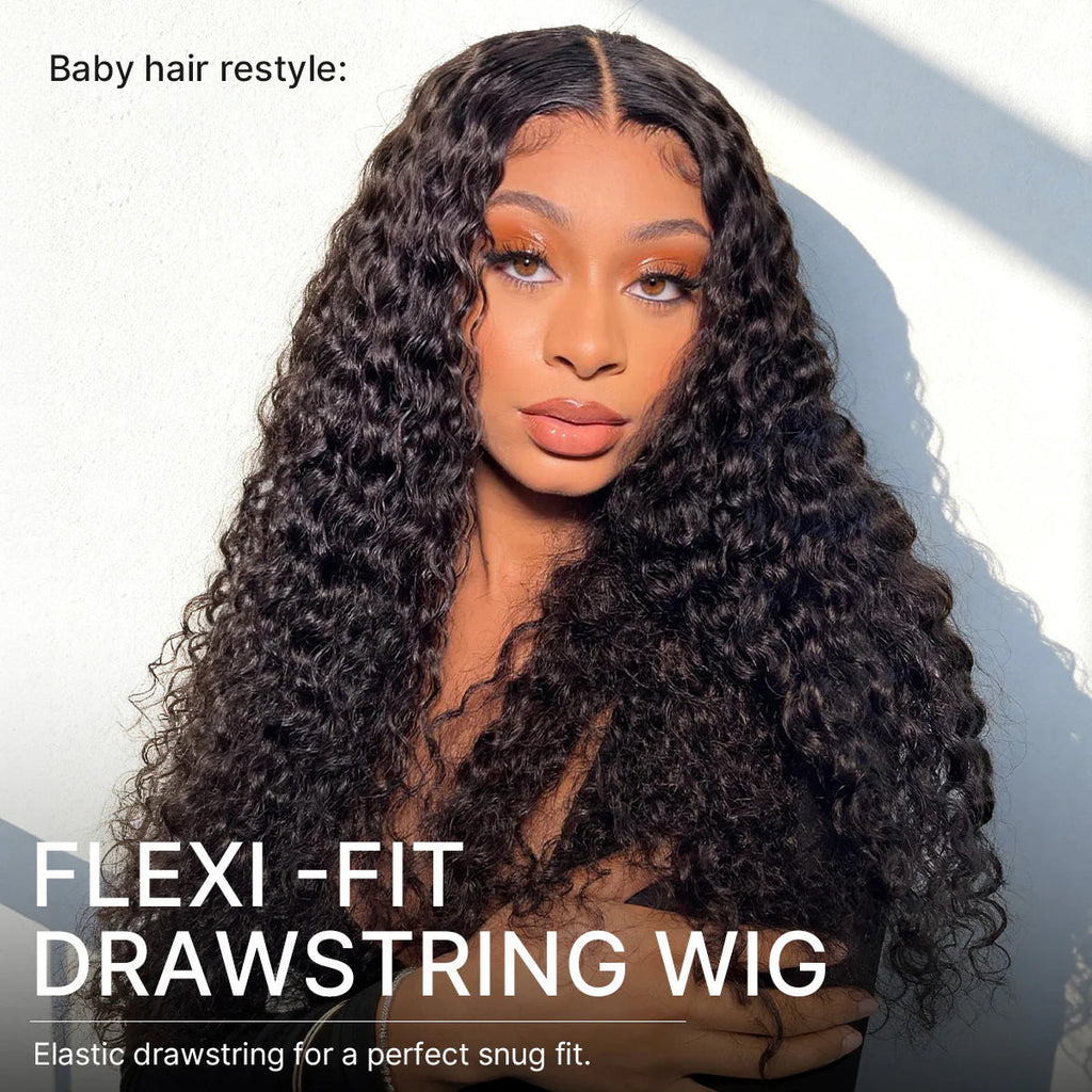 PreMax 180% / 250% Density Water Wave Glueless Flexi-Fit Drawstring 13x4 Frontal Lace Fluffy Curly Wig Pre-Cut Lace