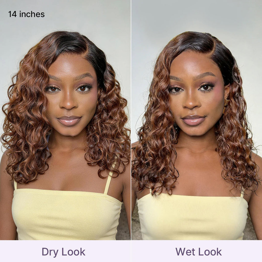 Ready to Go Ombre Brown Water Wave Short Curly Bob Wig Glueless Minimalist HD Lace Wig Pre-Cut Lace
