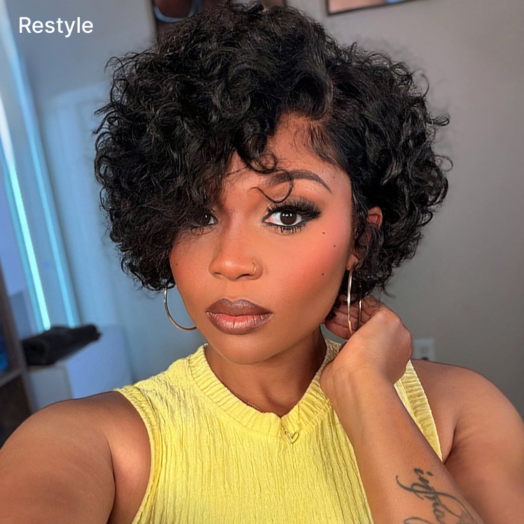 New Customers Only | Beginner Friendly Natural Black Lightweight Roll Curl Glueless Minimalist HD Lace Short Pixie Cut Wig Pre Cut Lace