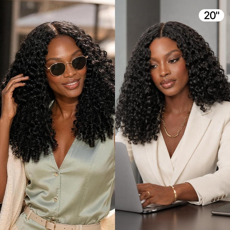 True Scalp V Part 180% Density Burmese Curly Finger Coil Ends Glueless Human Hair Wig with Flexi-Fit Drawstring
