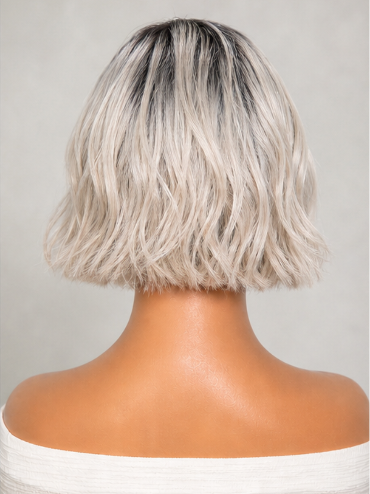 PreMax Wigs | Super Natural Hairline Ice Platinum Blonde with Dark Roots Bob Glueless 13x4 Frontal Lace Human Hair Short Wig Pre-Cut Lace