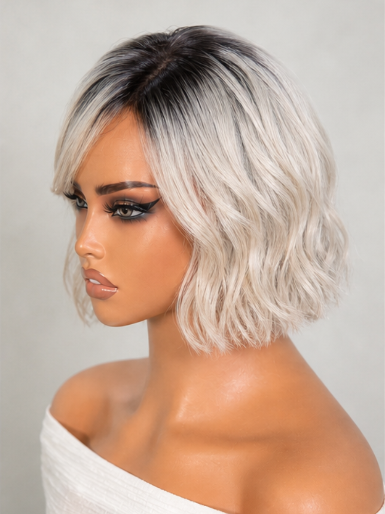 PreMax Wigs | Super Natural Hairline Ice Platinum Blonde with Dark Roots Bob Glueless 13x4 Frontal Lace Human Hair Short Wig Pre-Cut Lace