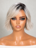 PreMax Wigs | Super Natural Hairline Ice Platinum Blonde with Dark Roots Bob Glueless 13x4 Frontal Lace Human Hair Short Wig Pre-Cut Lace