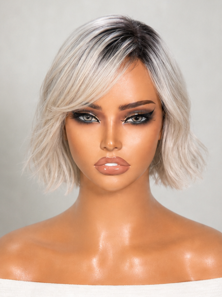 PreMax Wigs | Super Natural Hairline Ice Platinum Blonde with Dark Roots Bob Glueless 13x4 Frontal Lace Human Hair Short Wig Pre-Cut Lace