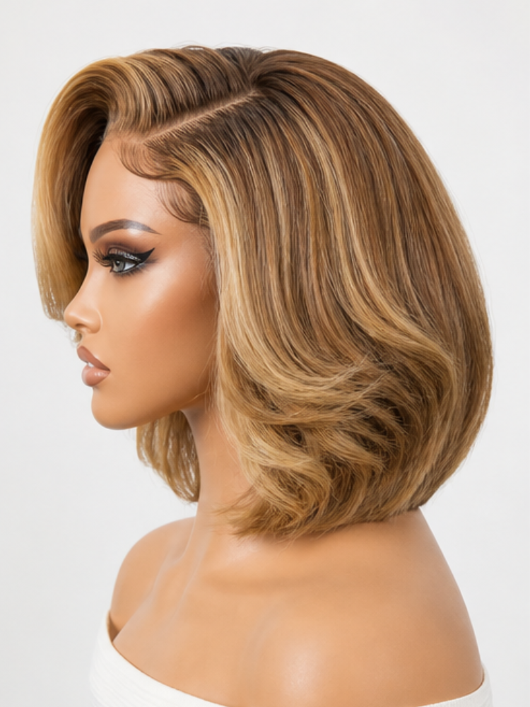 PreMax Wigs | Super Natural Hairline Golden Brown Highlight Bob Glueless 13x4 Frontal Lace Human Hair Short Wig Pre-Cut Lace