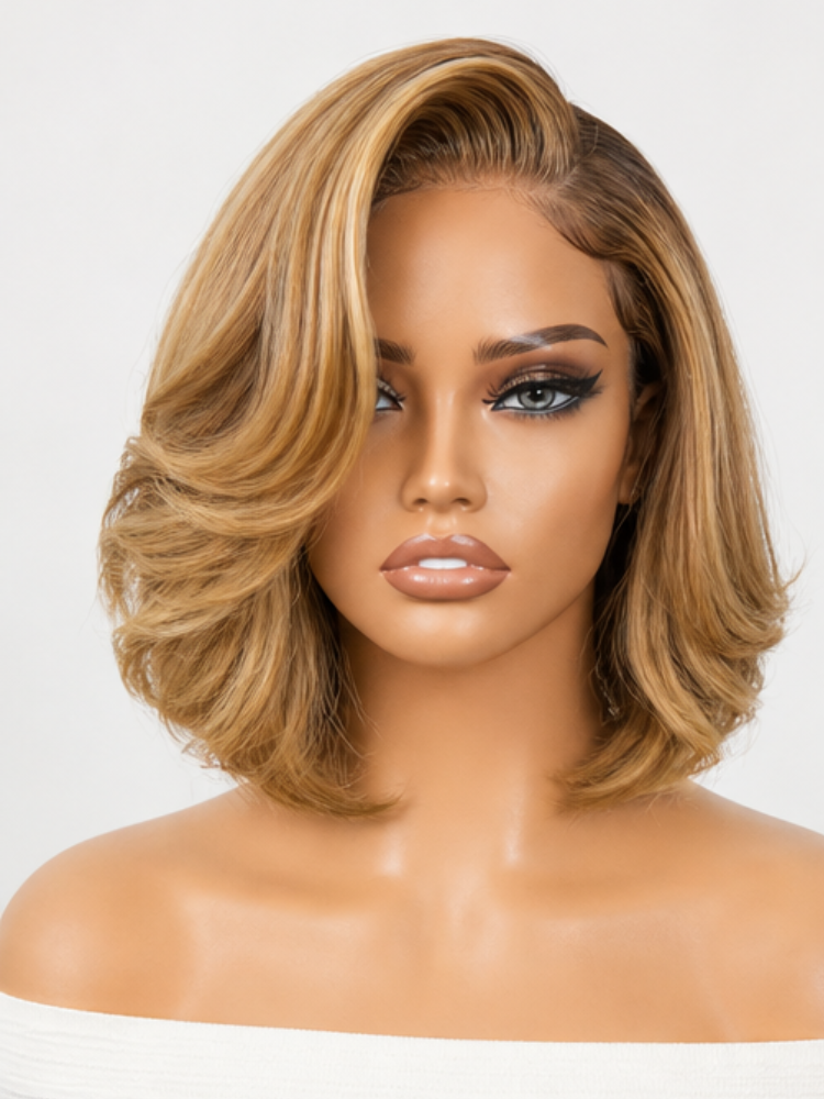 PreMax Wigs | Super Natural Hairline Golden Brown Highlight Bob Glueless 13x4 Frontal Lace Human Hair Short Wig Pre-Cut Lace