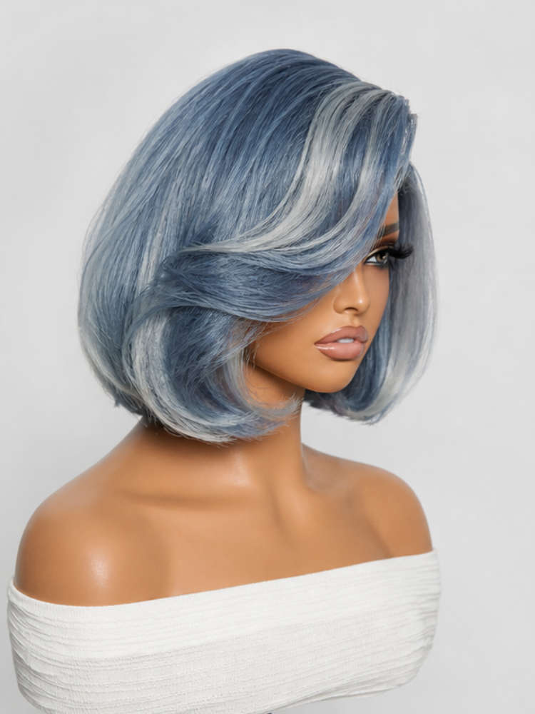 PreMax Wigs | Super Natural Hairline Smoky Blue with Silver Bob Glueless 13x4 Frontal Lace Human Hair Short Wig Pre-Cut Lace